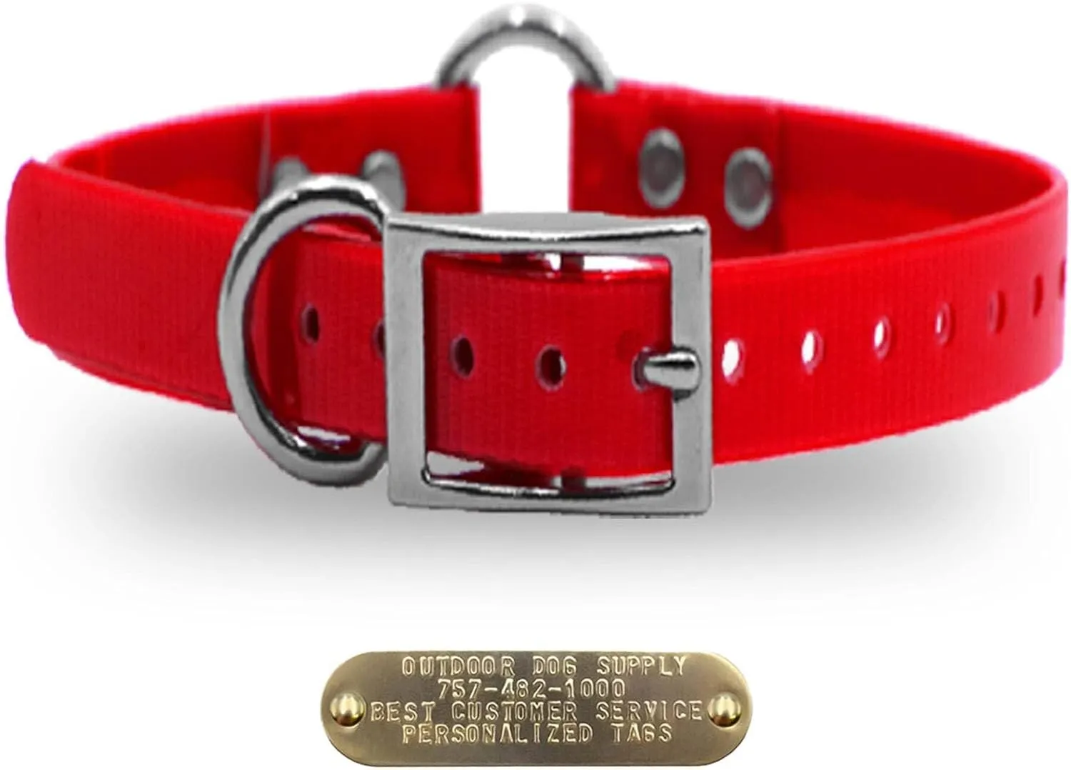 1" Solid Premium Glow Tuff Center Ring Dog Collar with 3/4" Tag (Red, 21" Long)