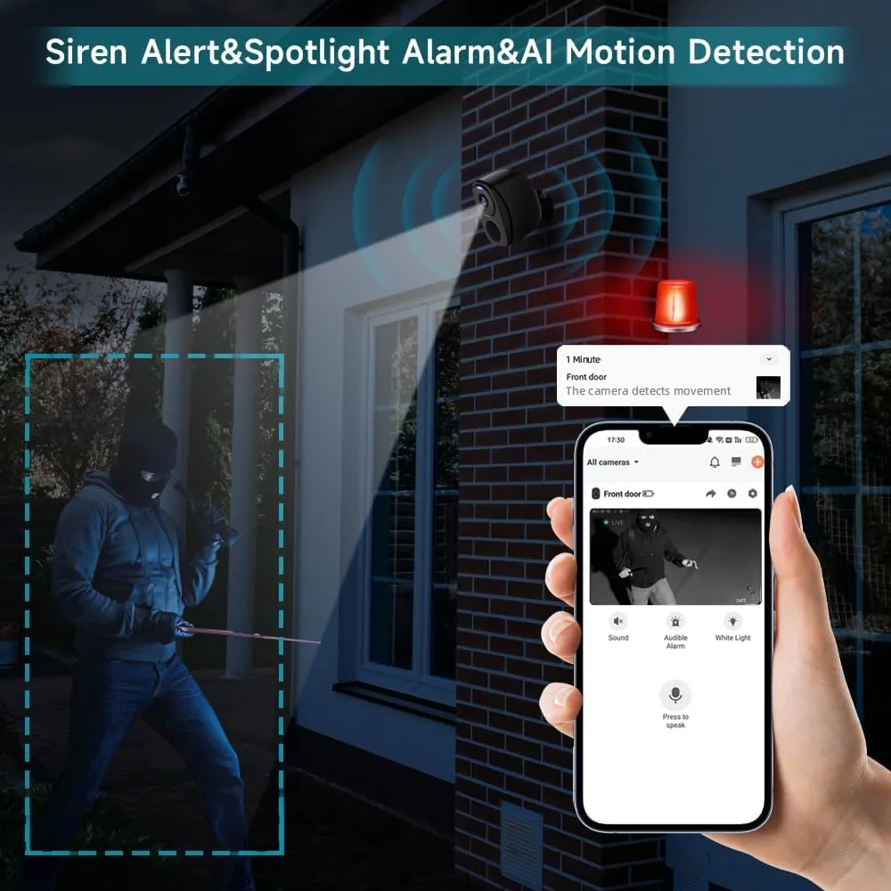 2K Security Cameras Wireless Outdoor, 256GB SD/Free Cloud 1-Day, Longer Battery Life, AI Human Detection, Waterproof, 2-Way Talk, Spotlight Siren Alarm Cameras for Home Security, Works w/Alexa