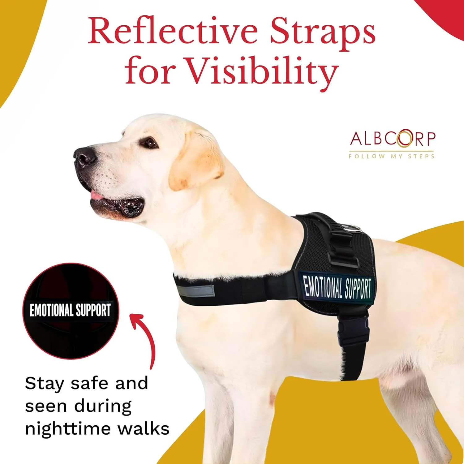 ALBCORP Emotional Support Dog Vest  Reflective Harness - Woven Nylon, Comfy Mesh Padding - Sizes from XXS to XL  Emotional Support Dog Patches Included. Black, Large