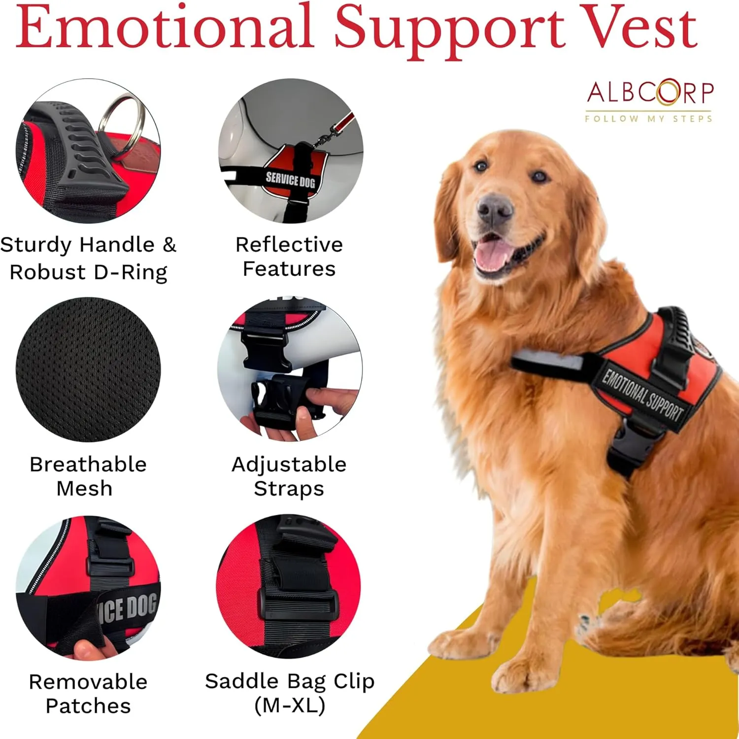 ALBCORP Emotional Support Dog Vest  Reflective Harness - Woven Nylon, Comfy Mesh Padding - Sizes from XXS to XL  Emotional Support Dog Patches Included. Black, Large