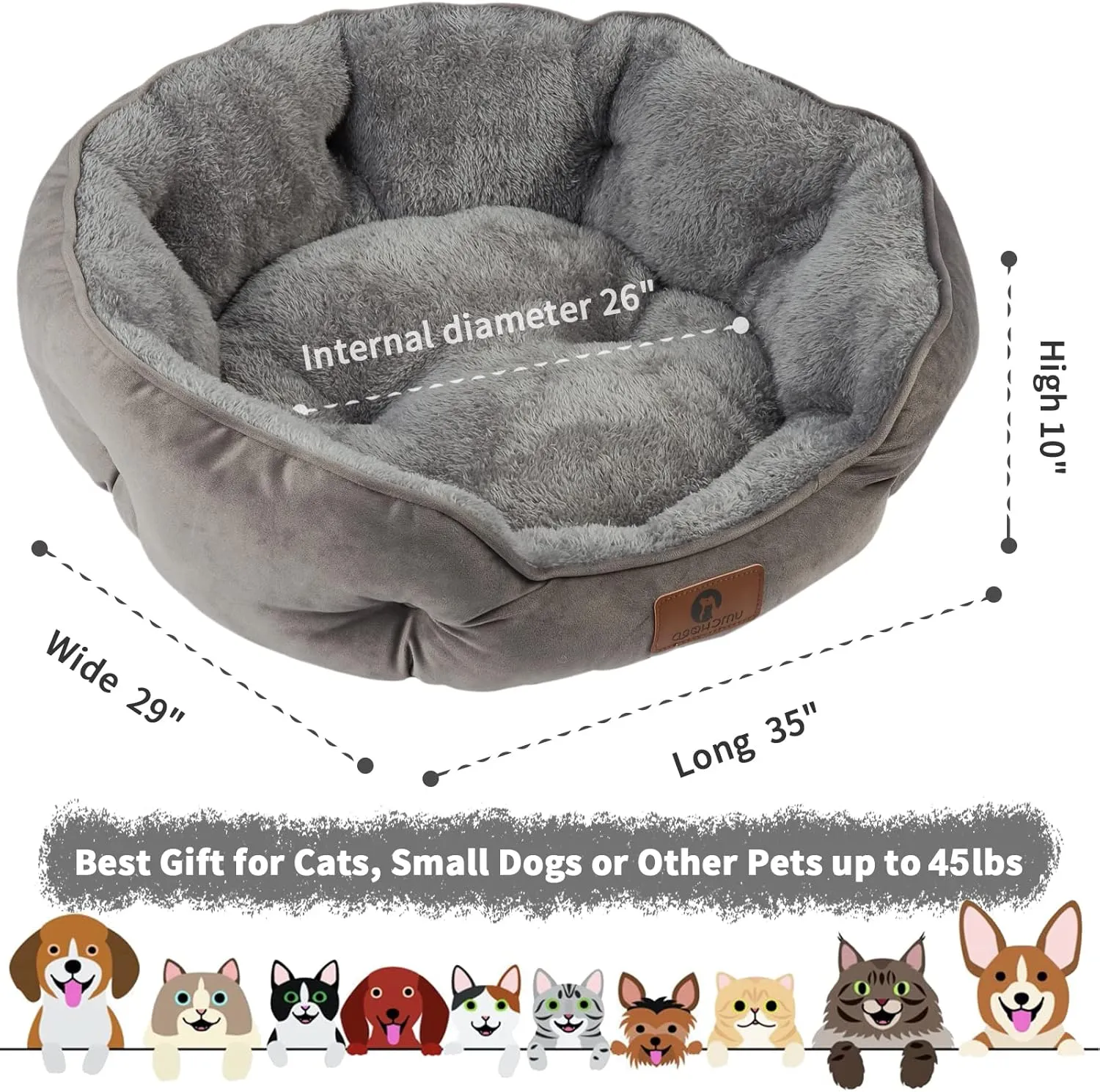 Asvin Large Dog Bed for Large Dogs, Cat Beds for Indoor Cats, Pet Bed for Puppy and Kitty, Extra Soft & Machine Washable with Anti-Slip & Water-Resistant Oxford Bottom, Grey, 35 inches