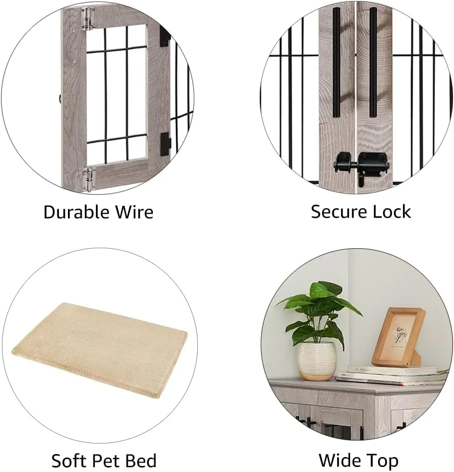 beeNbkks Furniture Style Dog Crate End Table, Double Doors Wooden Wire Dog Kennel with Pet Bed, Decorative Pet Crate Dog House Indoor Medium Large
