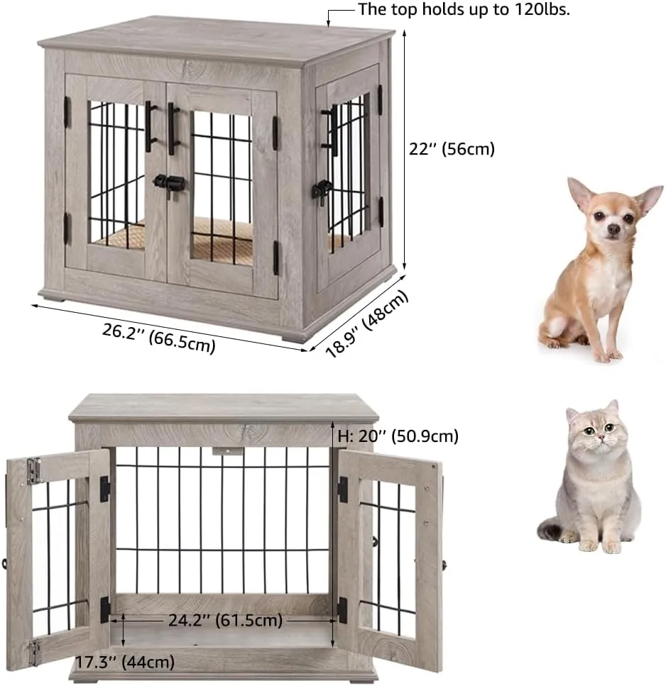 beeNbkks Furniture Style Dog Crate End Table, Double Doors Wooden Wire Dog Kennel with Pet Bed, Decorative Pet Crate Dog House Indoor Medium Large