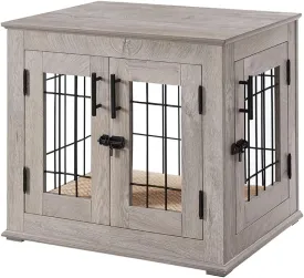 beeNbkks Furniture Style Dog Crate End Table, Double Doors Wooden Wire Dog Kennel with Pet Bed, Decorative Pet Crate Dog House Indoor Medium Large