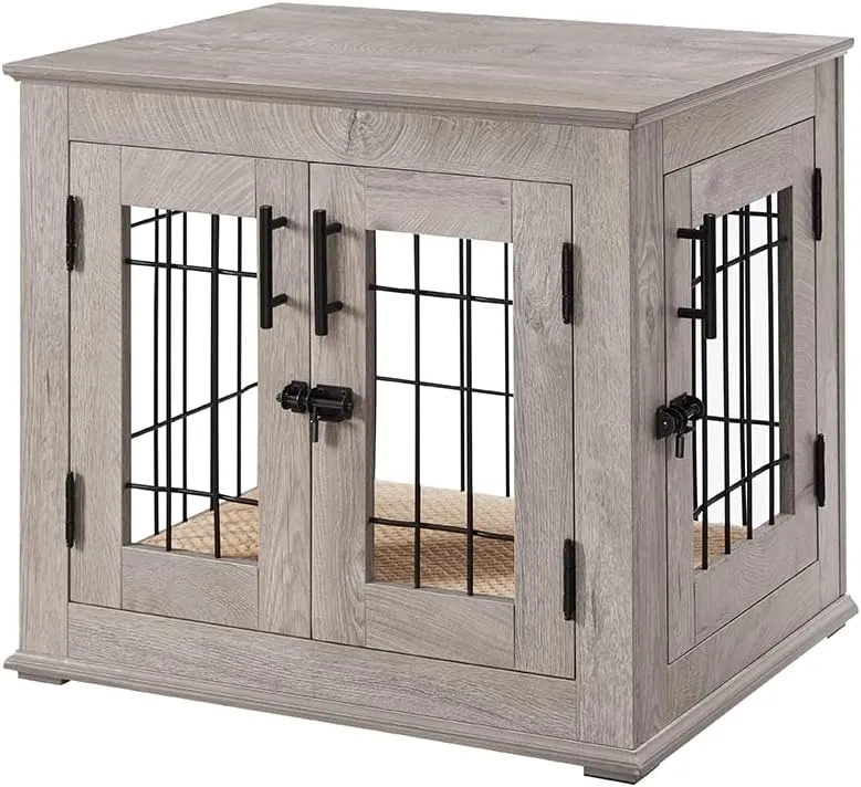 beeNbkks Furniture Style Dog Crate End Table, Double Doors Wooden Wire Dog Kennel with Pet Bed, Decorative Pet Crate Dog House Indoor Medium Large