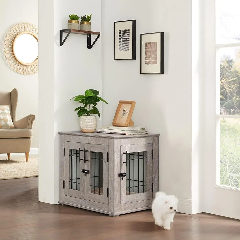 beeNbkks Furniture Style Dog Crate End Table, Double Doors Wooden Wire Dog Kennel with Pet Bed, Decorative Pet Crate Dog House Indoor Medium Large