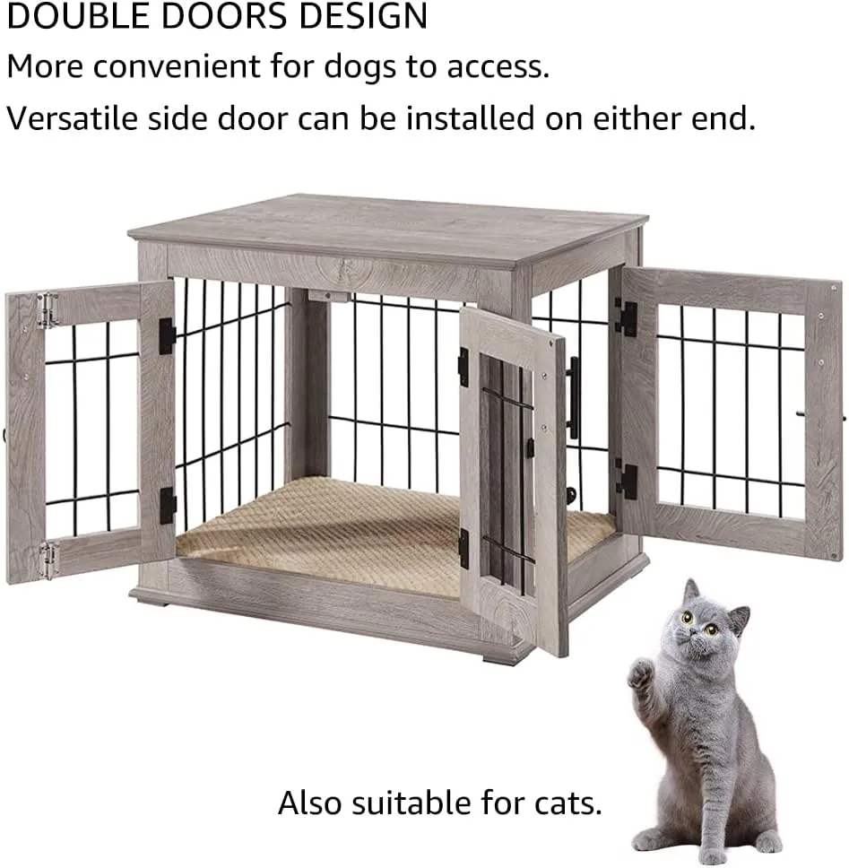 beeNbkks Furniture Style Dog Crate End Table, Double Doors Wooden Wire Dog Kennel with Pet Bed, Decorative Pet Crate Dog House Indoor Medium Large