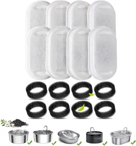 Cat Water Fountain Filters Pet Fountain Filter Replacement Filters Compatible Stainless Steel 2L/67oz, 3.2L/108oz Adjustable Water Flow, 8 Cat Fountain Replacement Filters with 8 Pre-Filter Sponges