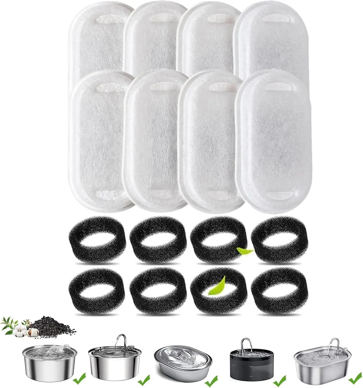 Cat Water Fountain Filters Pet Fountain Filter Replacement Filters Compatible Stainless Steel 2L/67oz, 3.2L/108oz Adjustable Water Flow, 8 Cat Fountain Replacement Filters with 8 Pre-Filter Sponges