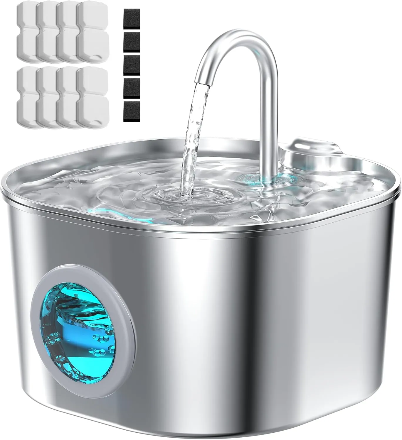 Cat Water Fountain with 8 Filters   5 Sponges,Small Pet Waterer Dispenser Fountains for Drinking Cats Indoor Metal Automatic Waterer Bowl 24/7 Running Auto Kitty Watering Supplies Quiet Pump