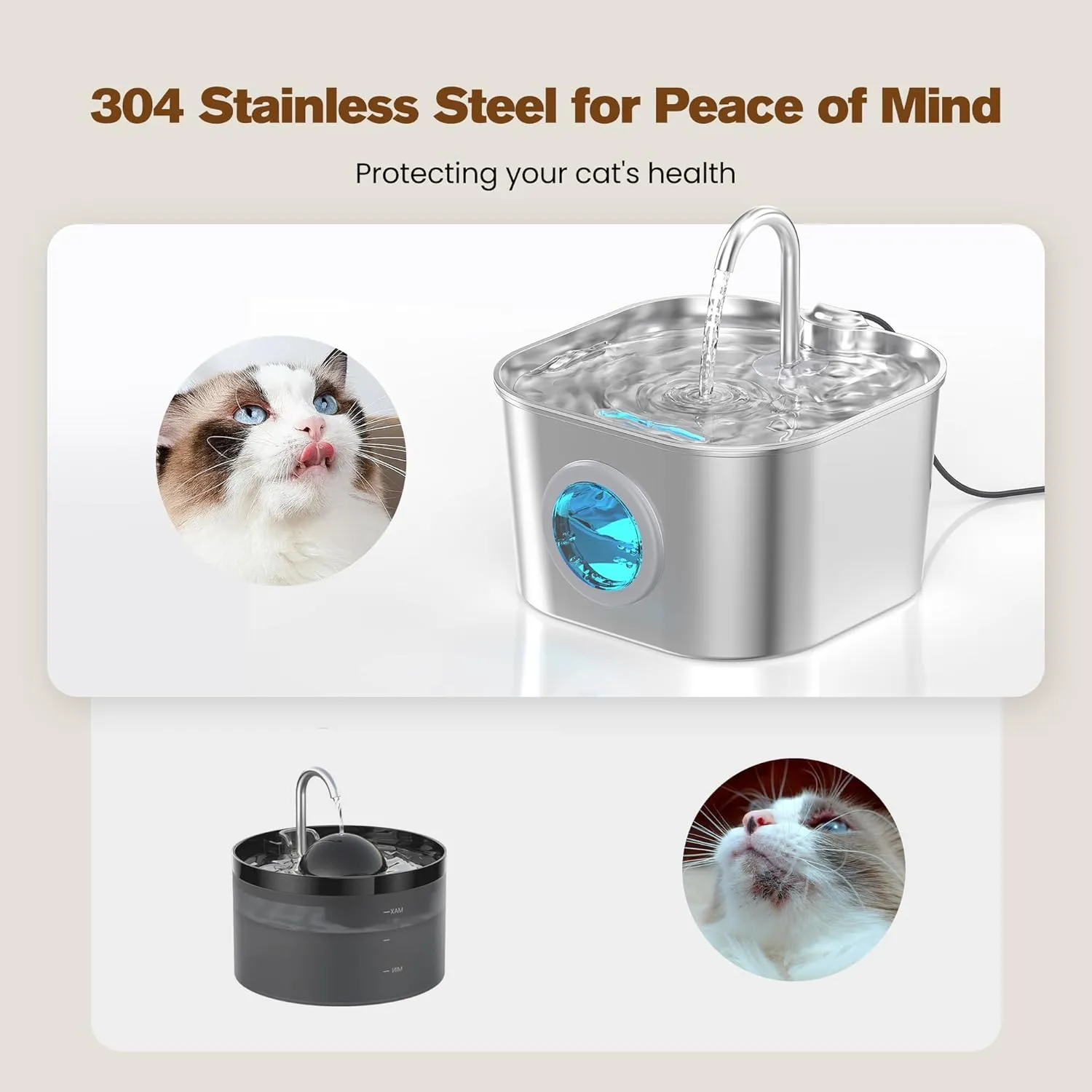 Cat Water Fountain with 8 Filters   5 Sponges,Small Pet Waterer Dispenser Fountains for Drinking Cats Indoor Metal Automatic Waterer Bowl 24/7 Running Auto Kitty Watering Supplies Quiet Pump