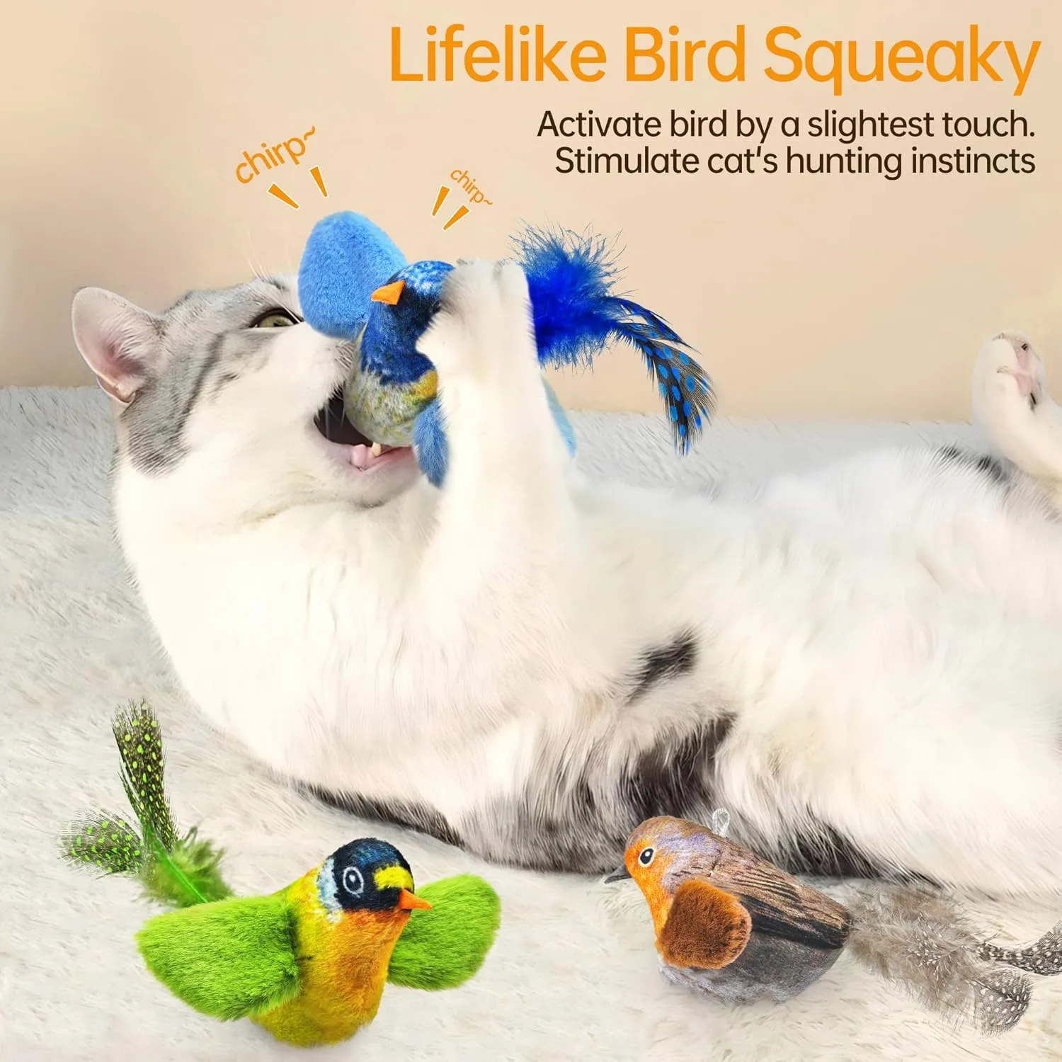 Chirping Bird Cat Toys Hanging Cat Feather Toy - Catnip Interactive Cat Toys for Indoor Cats - Automatic Cat Toy for Cat Exercise & Kicker to Self Play (Green)
