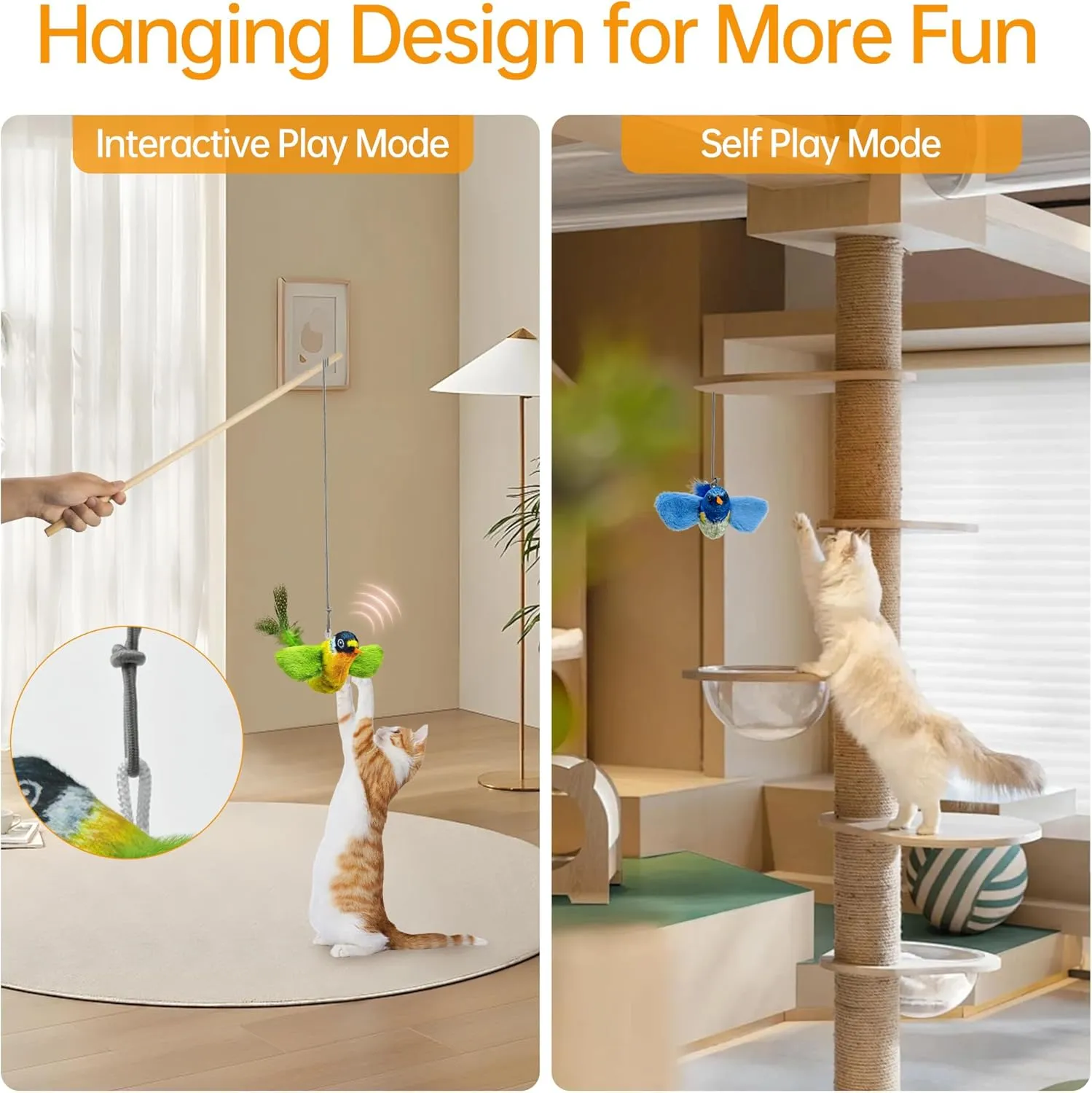 Chirping Bird Cat Toys Hanging Cat Feather Toy - Catnip Interactive Cat Toys for Indoor Cats - Automatic Cat Toy for Cat Exercise & Kicker to Self Play (Green)