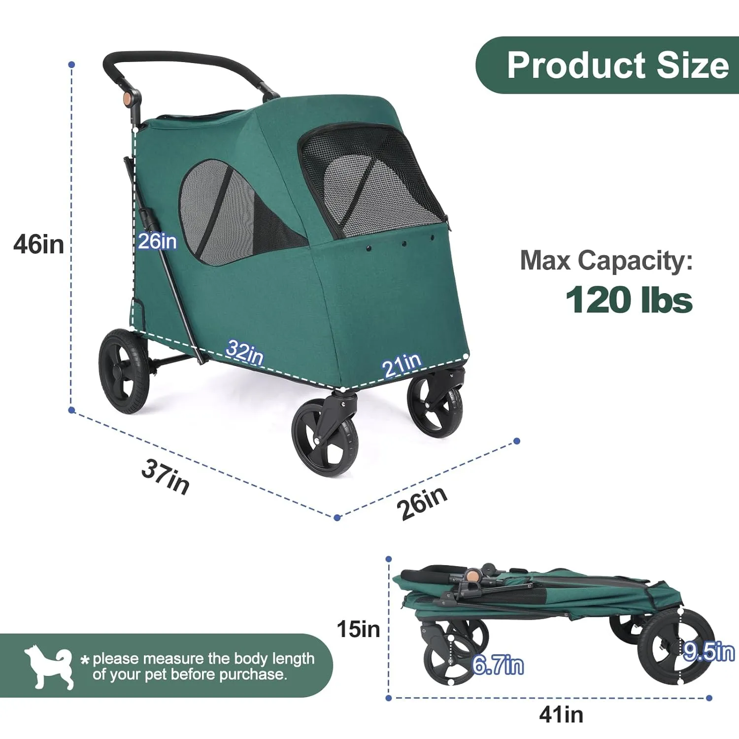 Dog Stroller Pet, Foldable Cart with 4 Wheels, Mesh Skylight Pet Stroller for Small to Large Dogs and Other Pet Travel, Storage Space Pet Can Easily Walk in/Out (Dark Green)