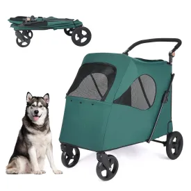 Dog Stroller Pet, Foldable Cart with 4 Wheels, Mesh Skylight Pet Stroller for Small to Large Dogs and Other Pet Travel, Storage Space Pet Can Easily Walk in/Out (Dark Green)