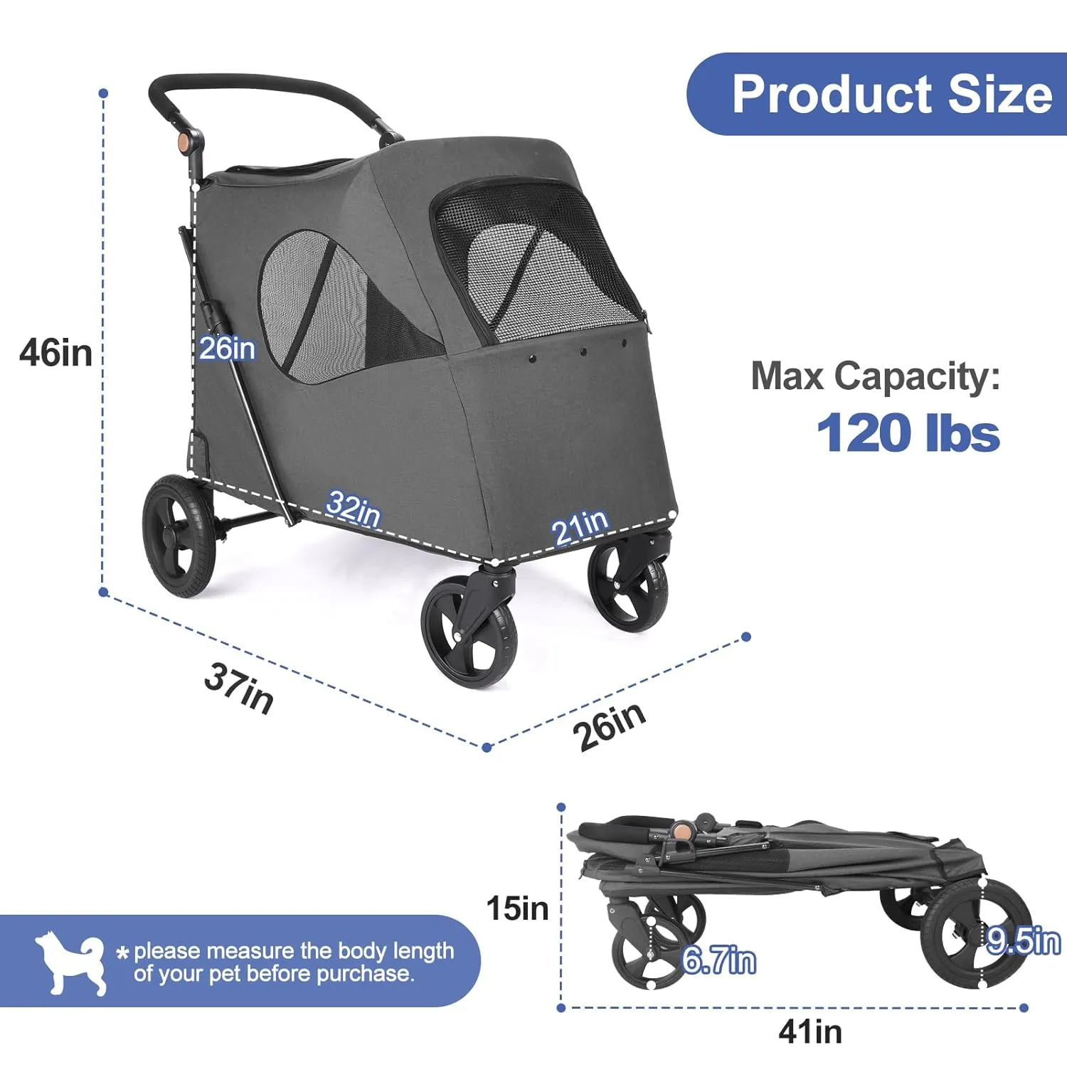 Dog Stroller Pet, Foldable Cart with 4 Wheels, Mesh Skylight Pet Stroller for Small to Large Dogs and Other Pet Travel, Storage Space Pet Can Easily Walk in/Out (Grey)