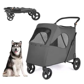 Dog Stroller Pet, Foldable Cart with 4 Wheels, Mesh Skylight Pet Stroller for Small to Large Dogs and Other Pet Travel, Storage Space Pet Can Easily Walk in/Out (Grey)