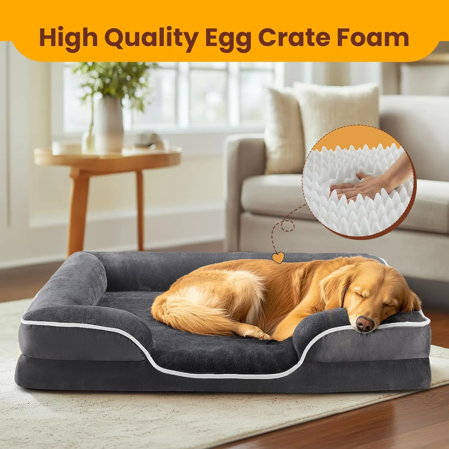 DUMOS Orthopedic Dog Bed, Washable Dog Couch Bed with Removable Cover, Waterproof Pet Bed for Medium Size Dogs, Memory Foam Pet Bed Non-Slip Base, Gray
