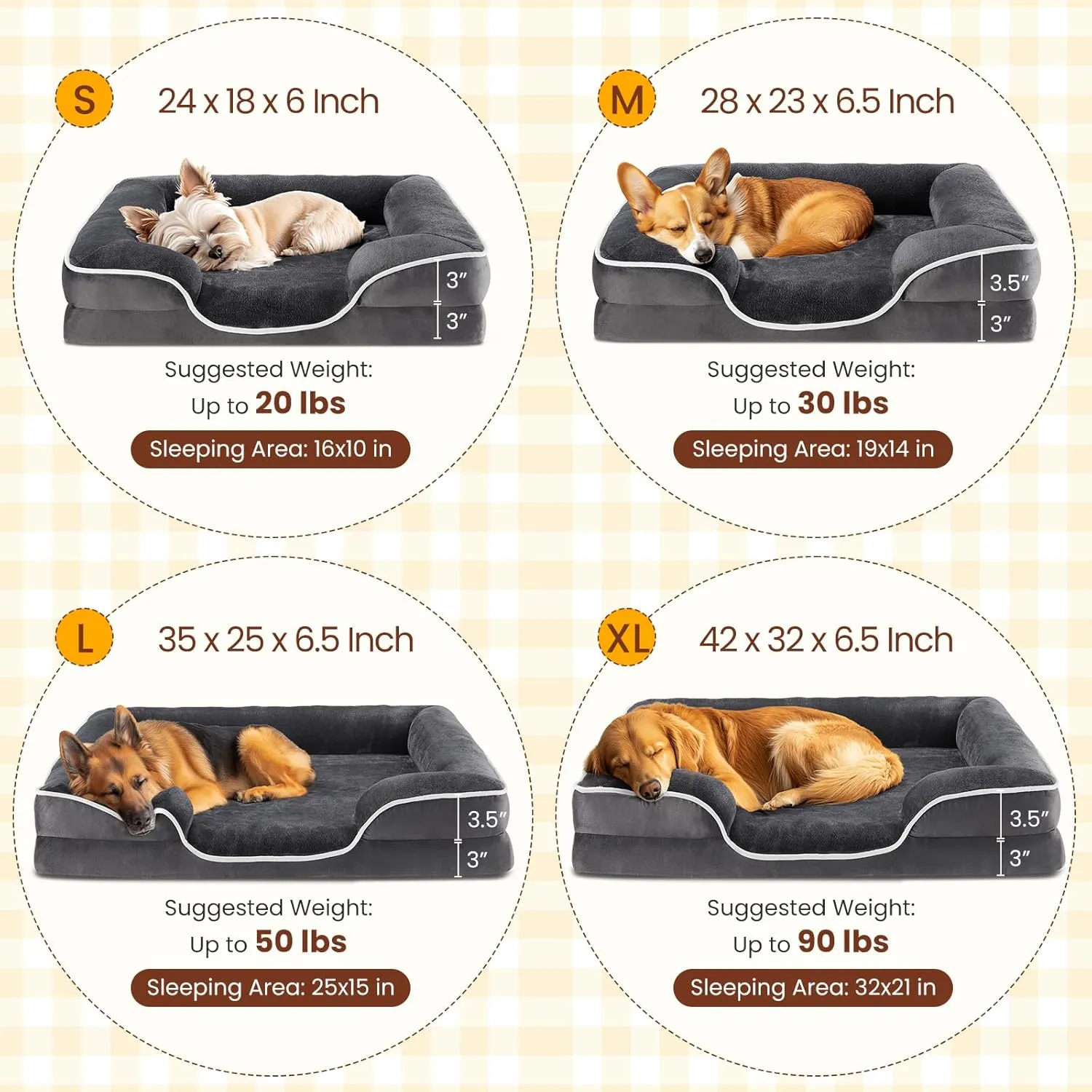 DUMOS Orthopedic Dog Bed, Washable Dog Couch Bed with Removable Cover, Waterproof Pet Bed for Medium Size Dogs, Memory Foam Pet Bed Non-Slip Base, Gray