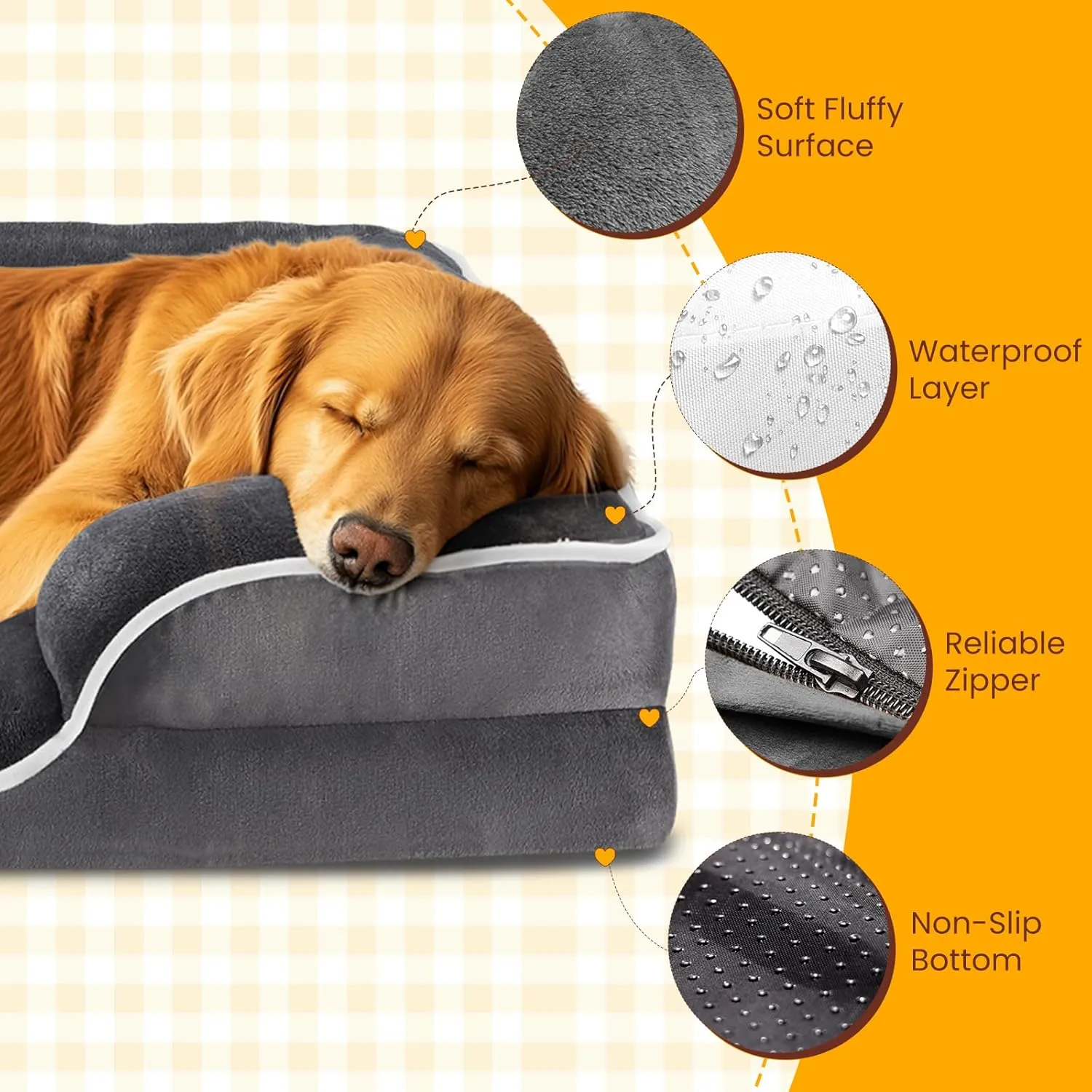 DUMOS Orthopedic Dog Bed, Washable Dog Couch Bed with Removable Cover, Waterproof Pet Bed for Medium Size Dogs, Memory Foam Pet Bed Non-Slip Base, Gray