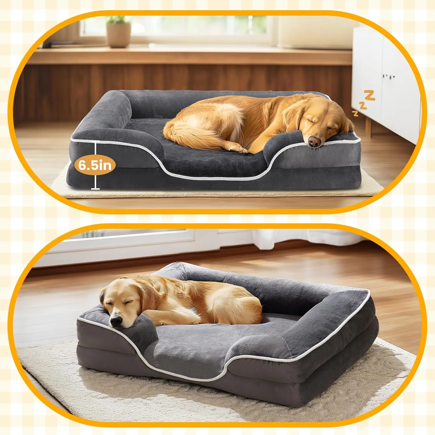 DUMOS Orthopedic Dog Bed, Washable Dog Couch Bed with Removable Cover, Waterproof Pet Bed for Medium Size Dogs, Memory Foam Pet Bed Non-Slip Base, Gray
