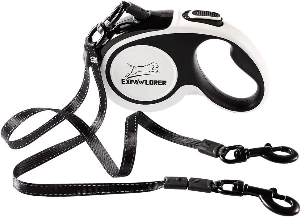 EXPAWLORER Dual Retractable Dog Leash - Double-Head Lockable Extendable Pet Leash - 16FT Reflective Nylon Ribbon - 360 Tangle-Free for Two Dogs Walking Training