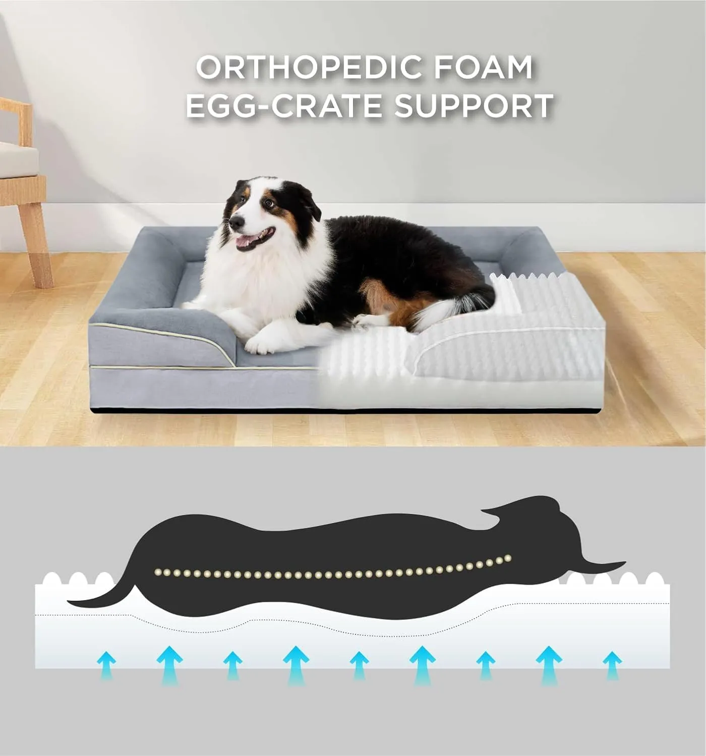 FERPOSH XXL Dog Bed, Orthopedic Washable Dog Bed, Pet Sofa Bed with Removable Washable Cover, Egg Foam Support, Non Slip Bottom Dog Bed, Dog Sofa Bed, Extra Large Dog Bed, 44" x 32", Grey