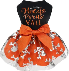 Fitwarm Hocus Pocus Y'all Funny Dog Halloween Tulle Dress, Holiday Dog Clothes for Small Dogs Girl, Funny Pirate Skull Pet Costume, Witch Cat Outfit, Orange, Black, Medium
