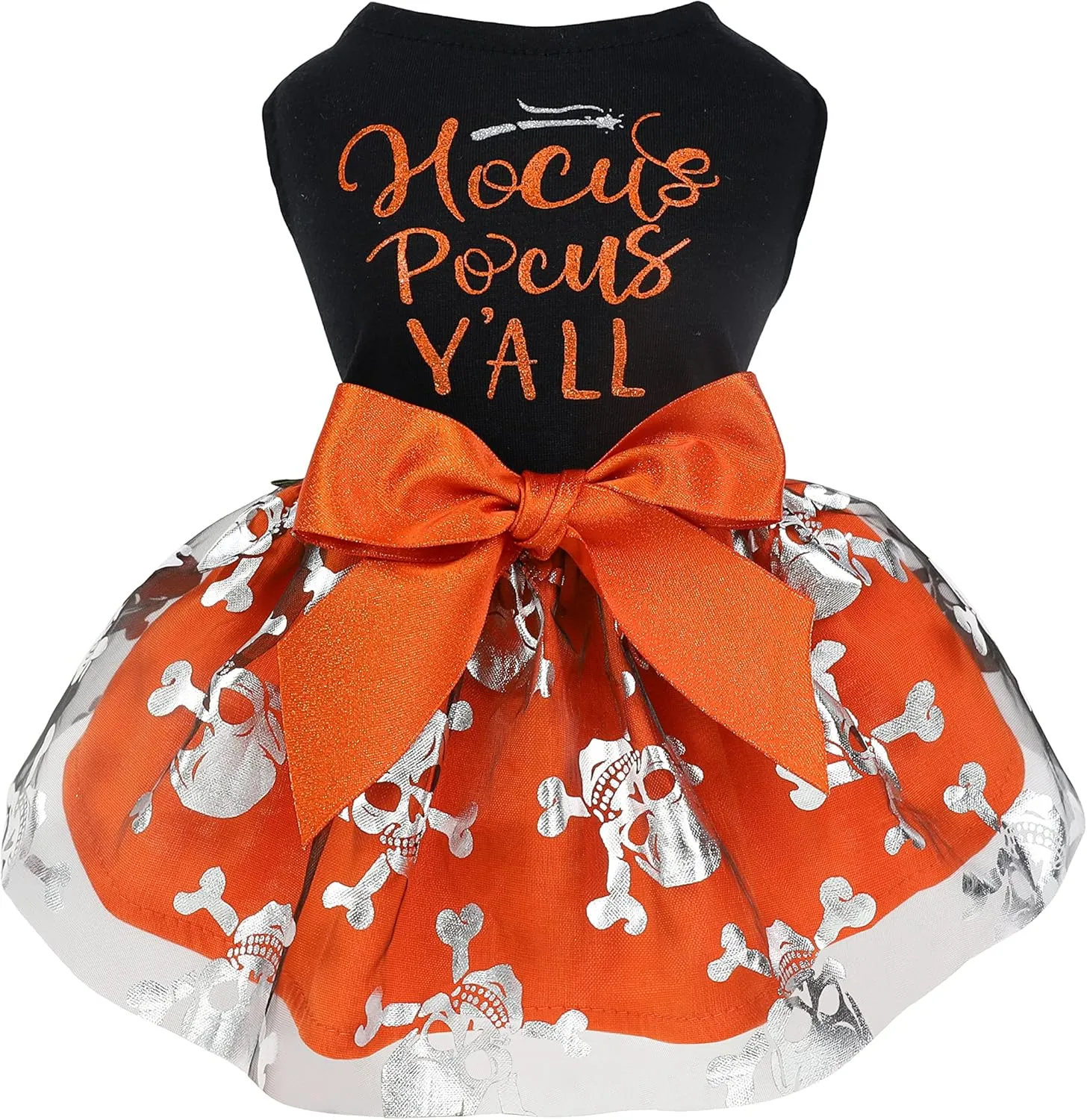 Fitwarm Hocus Pocus Y'all Funny Dog Halloween Tulle Dress, Holiday Dog Clothes for Small Dogs Girl, Funny Pirate Skull Pet Costume, Witch Cat Outfit, Orange, Black, Medium