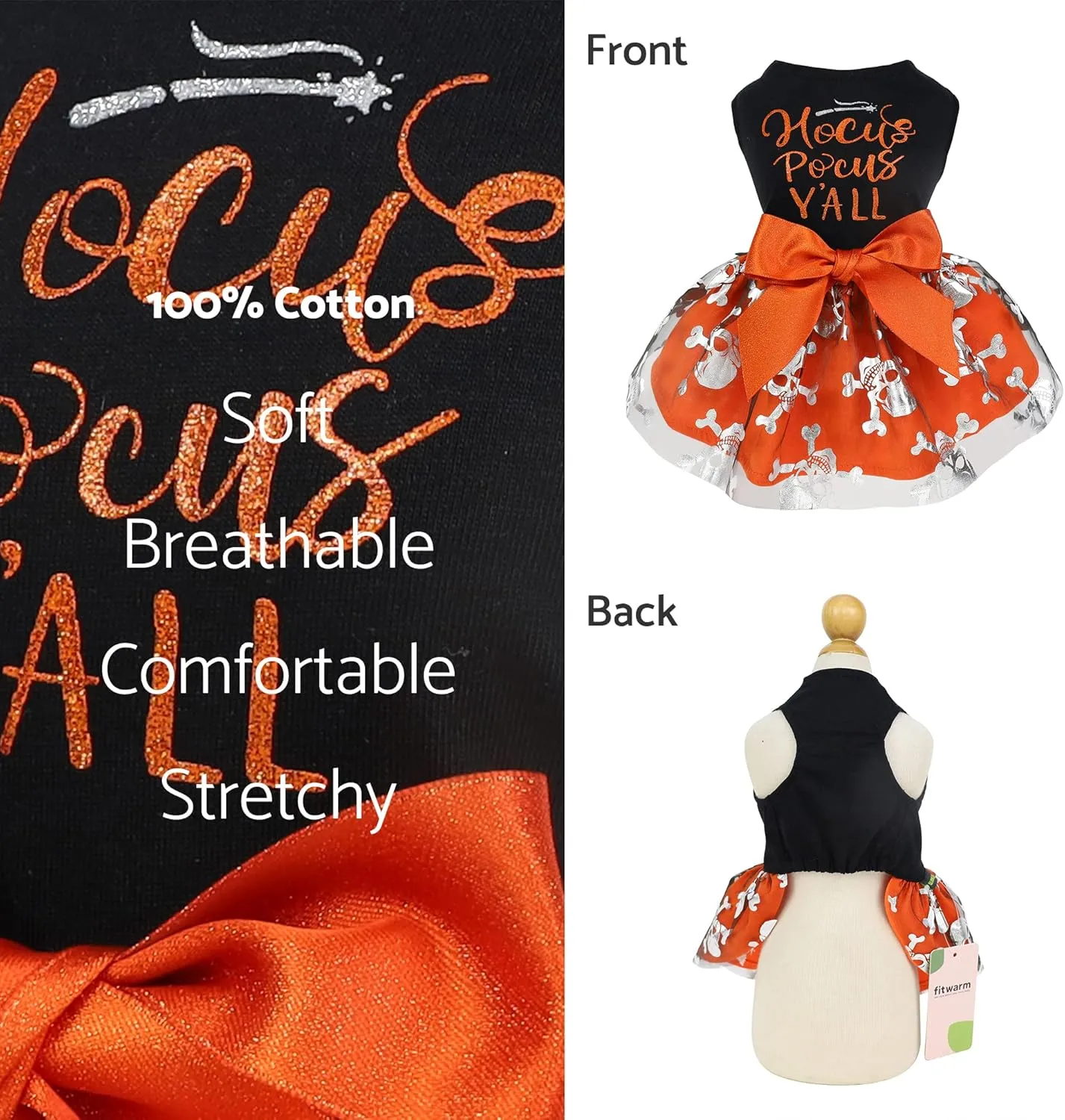 Fitwarm Hocus Pocus Y'all Funny Dog Halloween Tulle Dress, Holiday Dog Clothes for Small Dogs Girl, Funny Pirate Skull Pet Costume, Witch Cat Outfit, Orange, Black, Medium