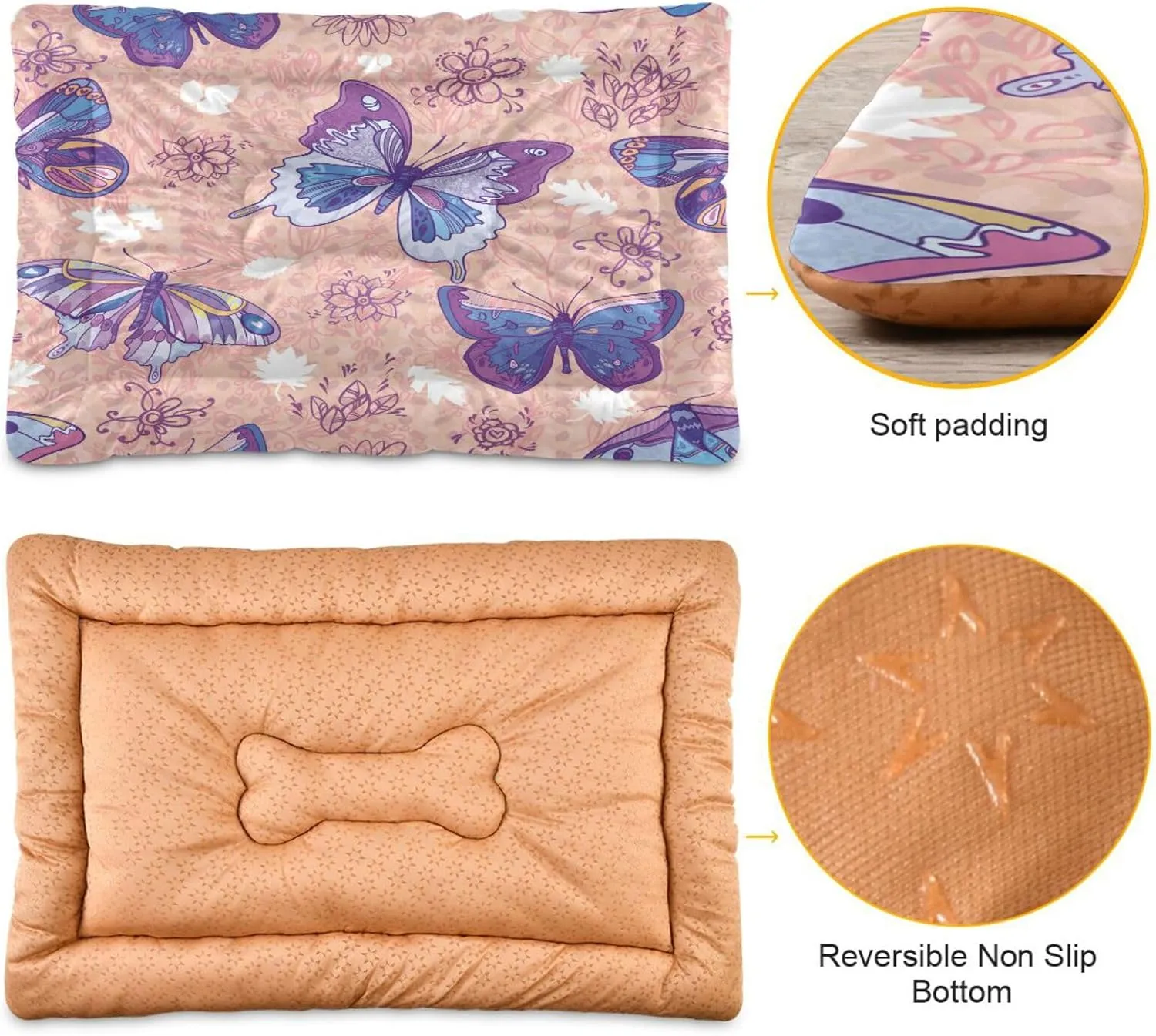 Flowers Butterfly Crate Pet Bed, Portable Washable Dog Cat Mat, Soft Comfortable Pet Mattress with Non-Slip Bottom for Dogs Cats Sleeping, 36 x 24 Inch