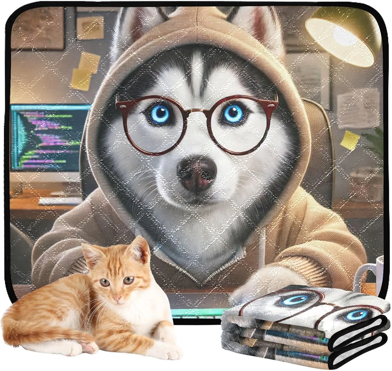 Funny Tech Husky Coder Pet Dog Washable Pee Pads Reusable Pet Cat Pad Absorbent Dogs Potty Pads Cute Waterproof Mat Non Slip, Small x 3 Pack
