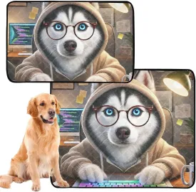 Funny Tech Husky Coder Pet Dog Washable Pee Pads Reusable Pet Cat Pad Absorbent Dogs Potty Pads Cute Waterproof Mat Non Slip, Small x 3 Pack