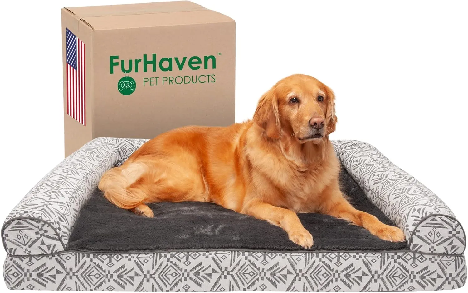 Furhaven Cooling Gel Dog Bed for Large Dogs w/ Removable Bolsters & Washable Cover, For Dogs Up to 95 lbs - Plush & Southwest Kilim Woven Decor Sofa - Boulder Gray, Jumbo/XL