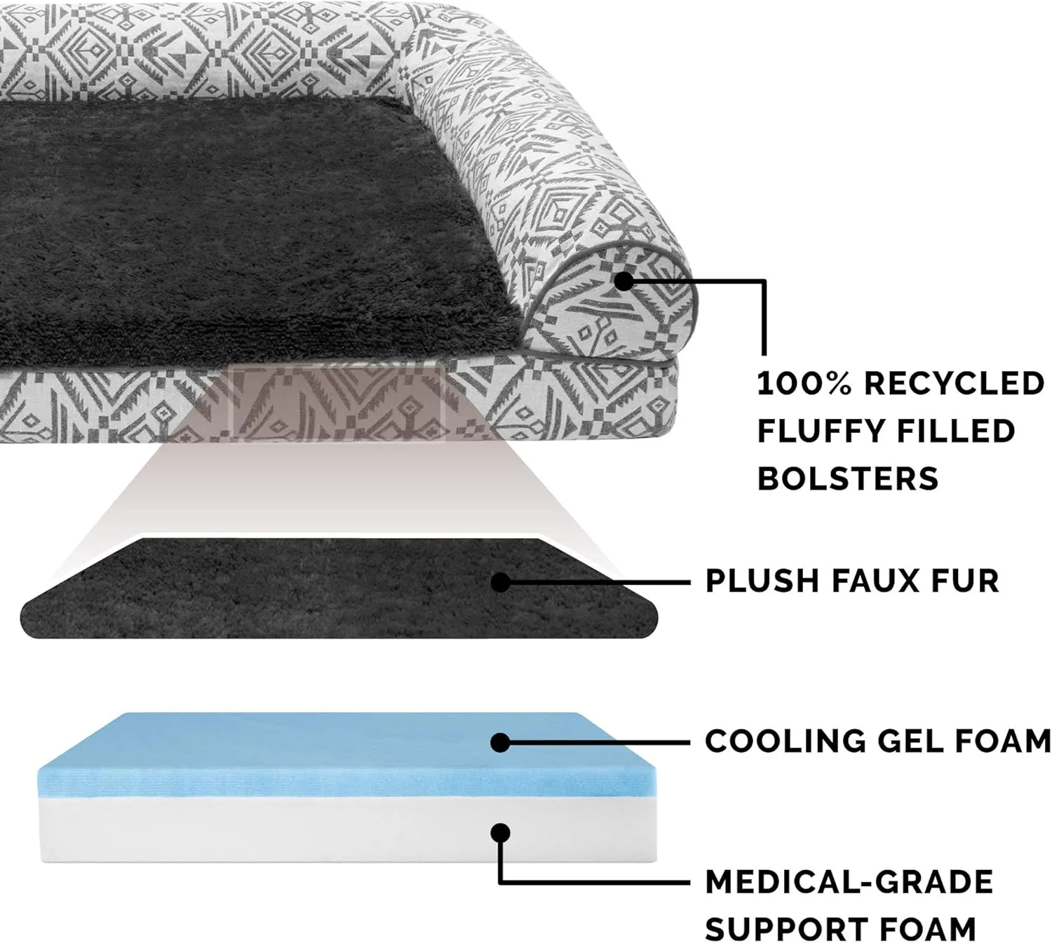Furhaven Cooling Gel Dog Bed for Large Dogs w/ Removable Bolsters & Washable Cover, For Dogs Up to 95 lbs - Plush & Southwest Kilim Woven Decor Sofa - Boulder Gray, Jumbo/XL