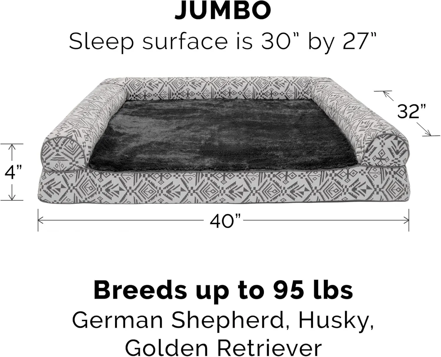 Furhaven Cooling Gel Dog Bed for Large Dogs w/ Removable Bolsters & Washable Cover, For Dogs Up to 95 lbs - Plush & Southwest Kilim Woven Decor Sofa - Boulder Gray, Jumbo/XL