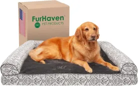 Furhaven Cooling Gel Dog Bed for Large Dogs w/ Removable Bolsters & Washable Cover, For Dogs Up to 95 lbs - Plush & Southwest Kilim Woven Decor Sofa - Boulder Gray, Jumbo/XL