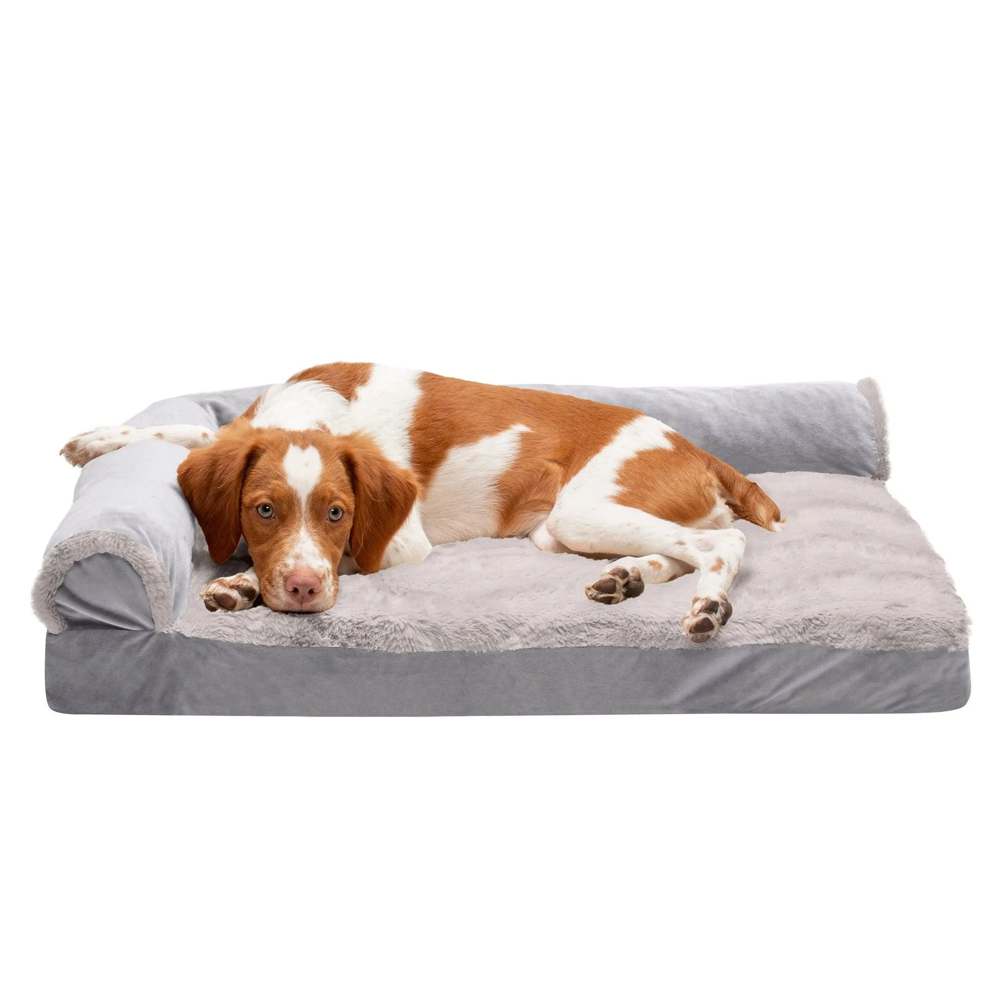 FurHaven Pet Products Wave Fur & Velvet Deluxe Chaise Lounge Cooling Gel Memory Foam Sofa-Style Pet Bed for Dogs & Cats - Granite Gray, Medium