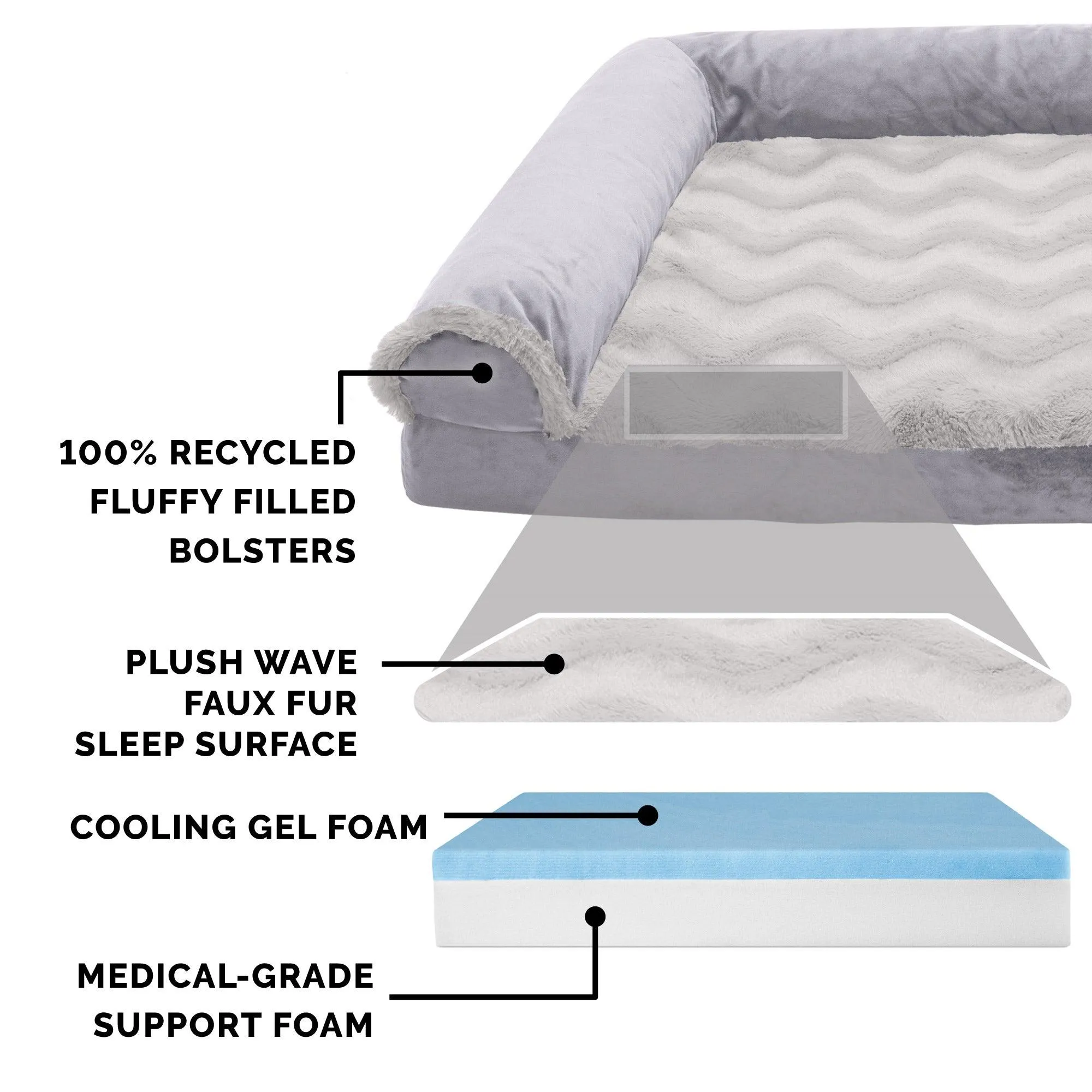 FurHaven Pet Products Wave Fur & Velvet Deluxe Chaise Lounge Cooling Gel Memory Foam Sofa-Style Pet Bed for Dogs & Cats - Granite Gray, Medium