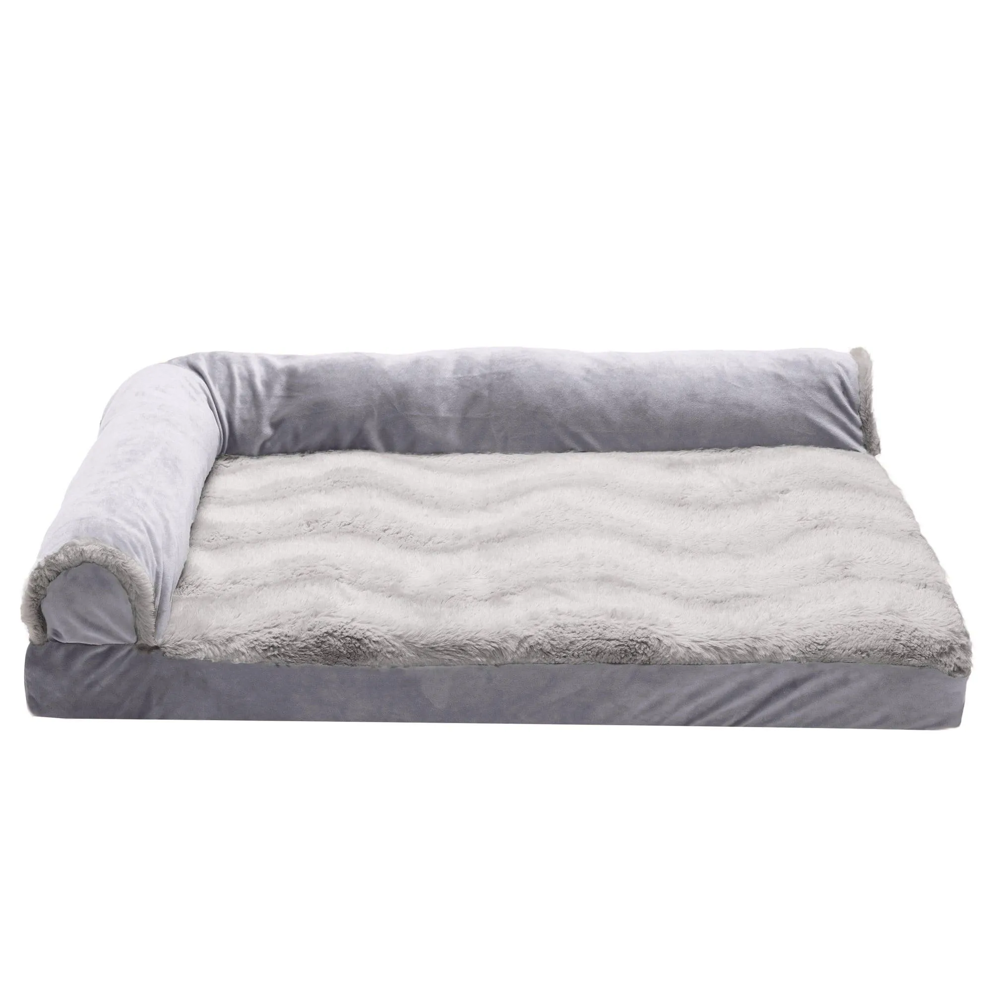 FurHaven Pet Products Wave Fur & Velvet Deluxe Chaise Lounge Cooling Gel Memory Foam Sofa-Style Pet Bed for Dogs & Cats - Granite Gray, Medium