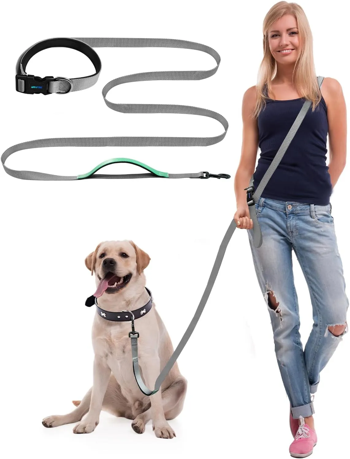 Hands Free Dog Leash, 8.8ft Multifunctional Crossbody Dog Long Belt, Adjustable Waist Belt for Running,Walking &,Hiking etc.(GreyGreen 5-8.8ft).