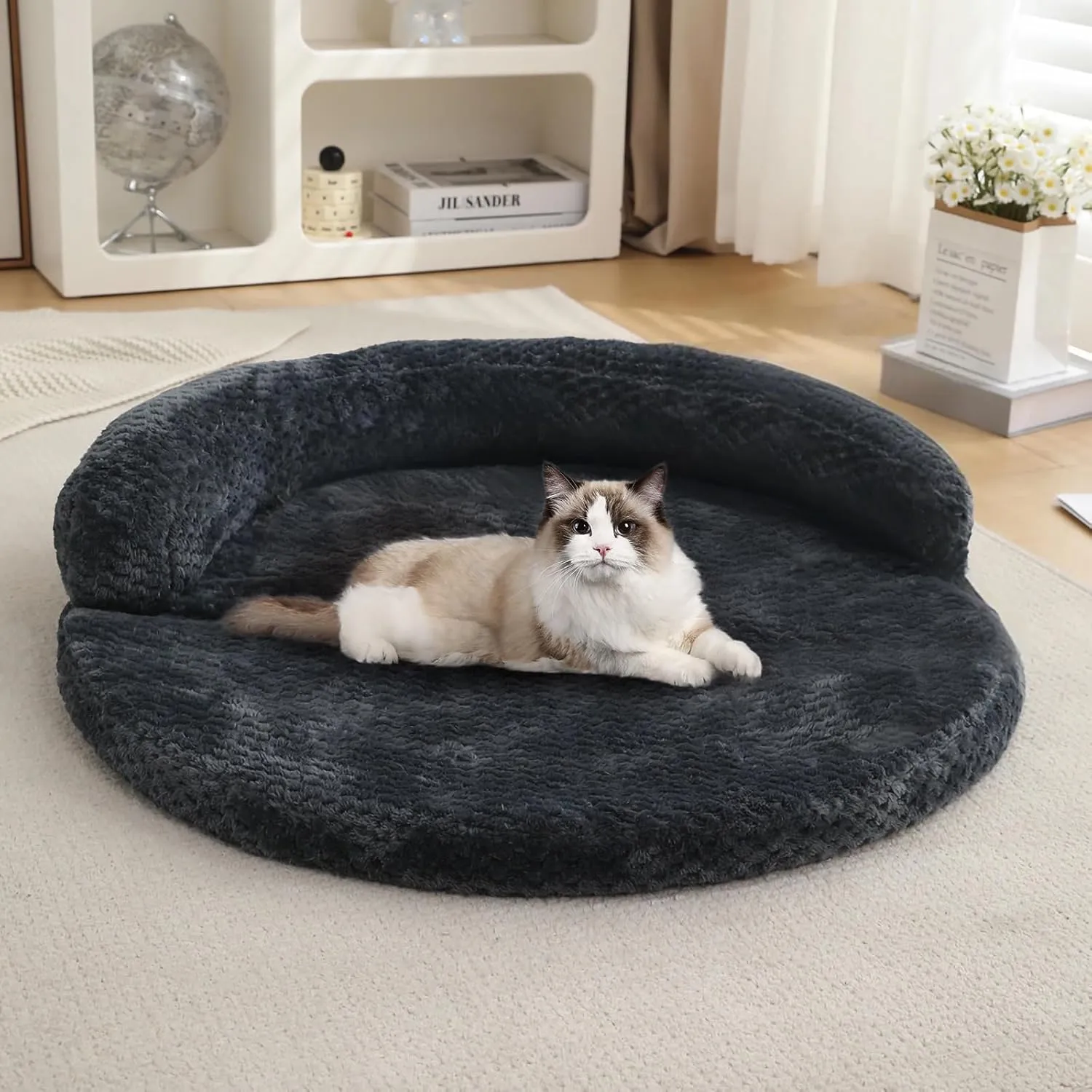 huraty Cat Bed for Indoor Cats, Washable Dog Sofa Bed Bolster Pet Bed Mat, Egg Crate Memory Foam Removable Cover, 19.6 x 3.9 x 1.5 Inch, Charcoal