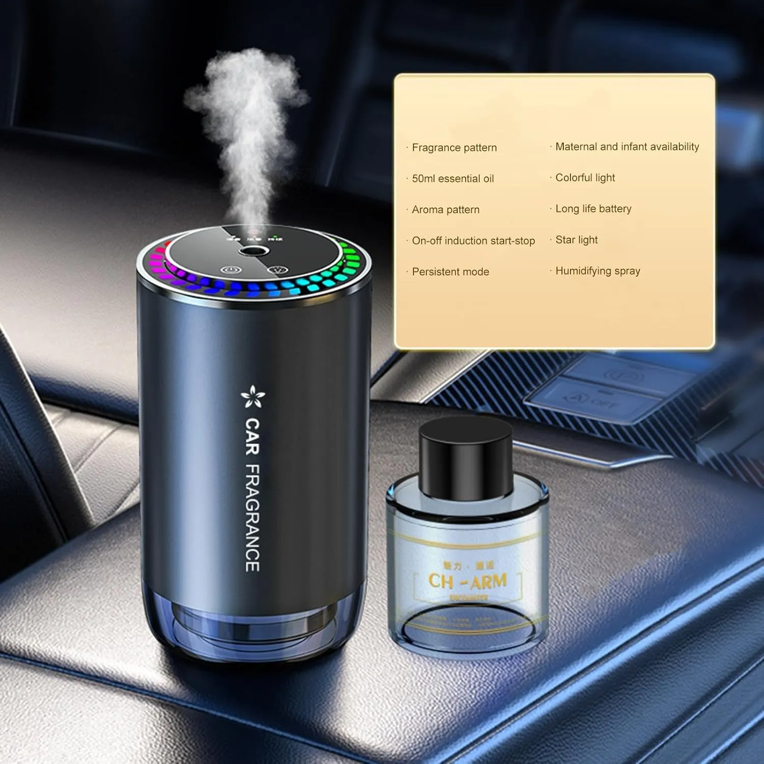 Mist Ultrasonic Humidifier Car Fragrance Diffuser Sure Here's A Product Title for Listing Air Freshener with Colorful Light Rechargeable Auto Chance
