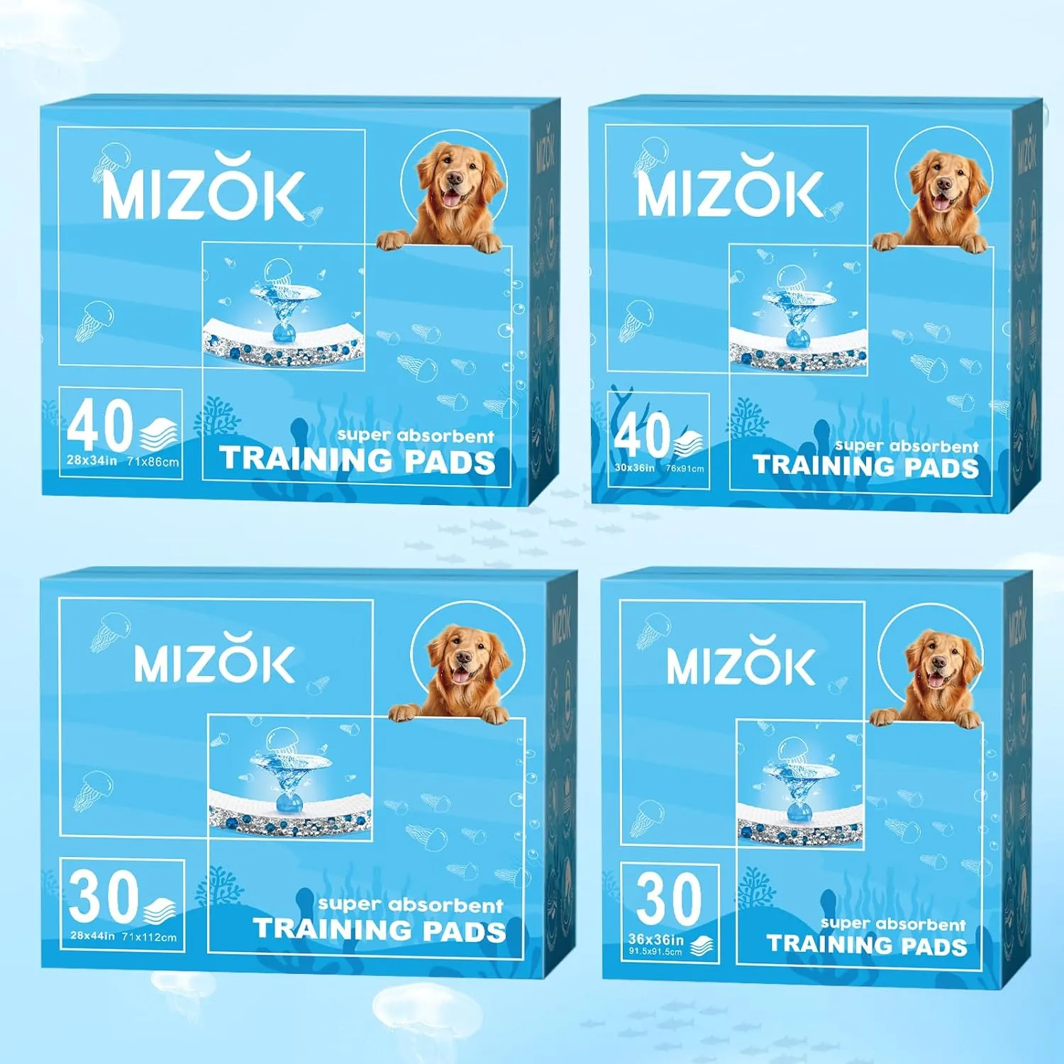 MIZOK 36x36in Dog Pee Pads Jumbo Disposable Dog Training Pads Super Absorbent Up to 11 Cups Marine Scented Odor-Control Dog Pads with Jellyfish Pattern, Quick Dry & Leak-Proof (30 Counts)
