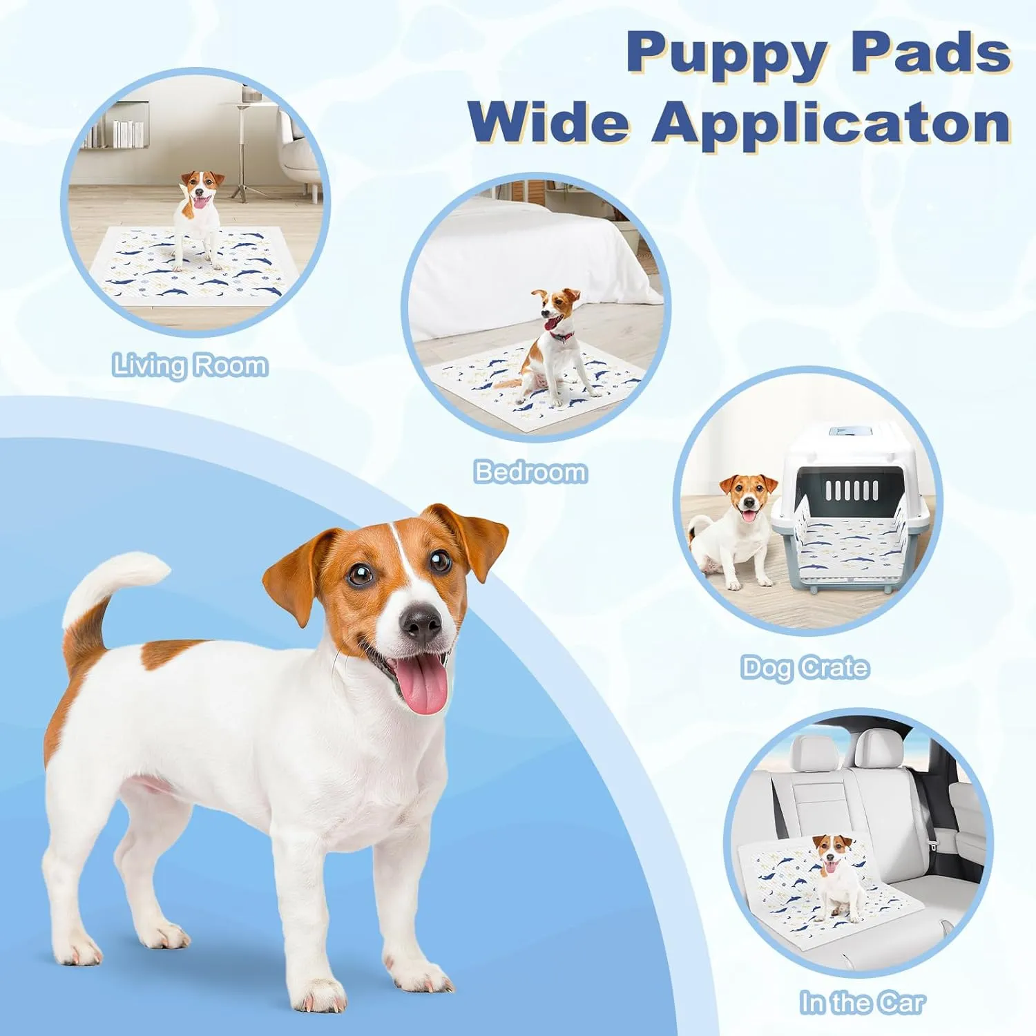 MIZOK Puppy Pads 22"x 22" Pee Pads for Dogs Small, Dog Pee Pads Cute Disposable with Adhesive Tabs, Puppy Training Pads with 6 Layers Leak-Proof Whale Prints (100 Counts)
