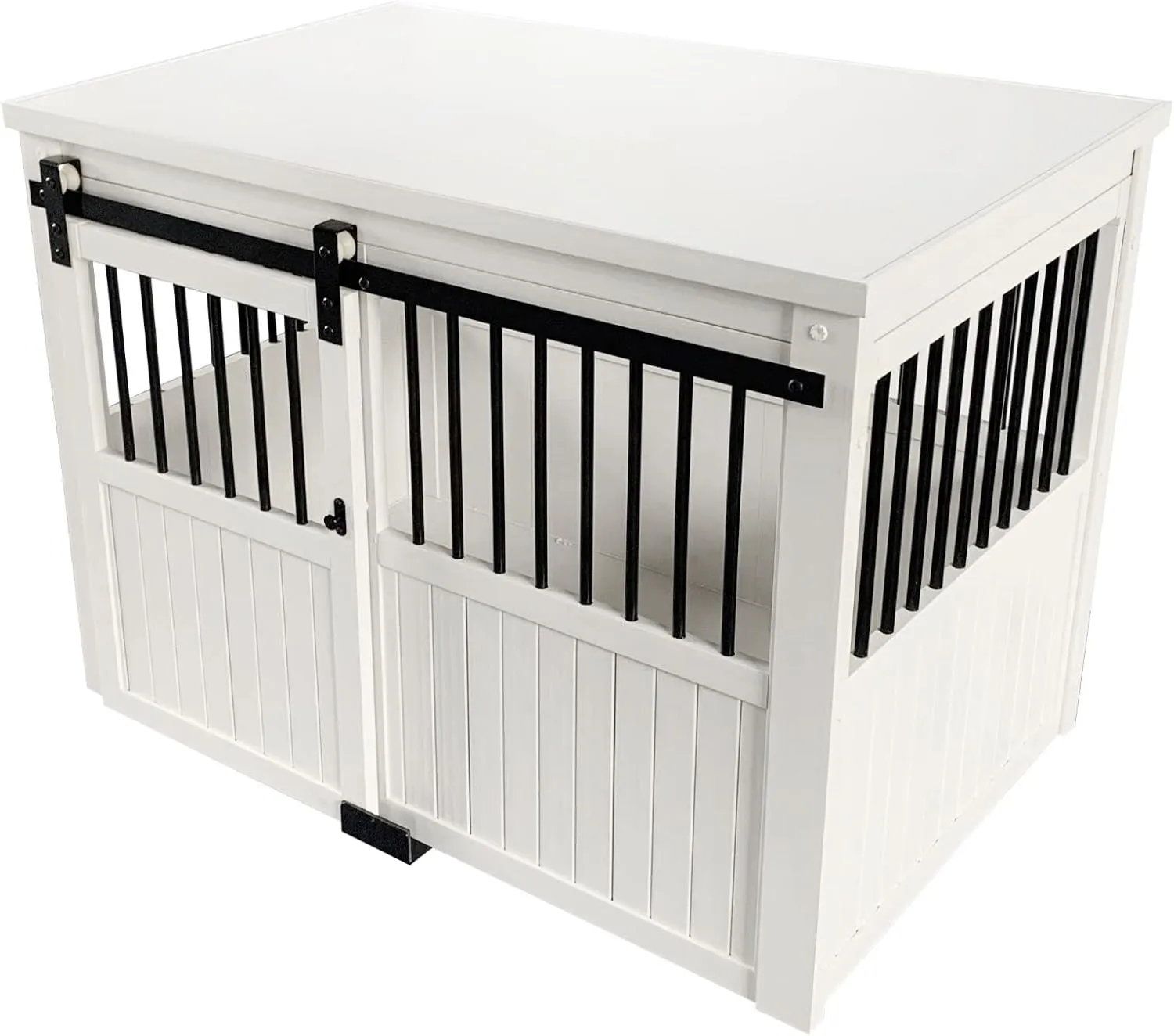 New Age Pet ECOFLEX Homestead Sliding Barn Door Furniture Style Dog Crate - Antique White, Large (EHDBC15-04L) - Stylish, Durable, Removable Cushions, Easy to Assemble.