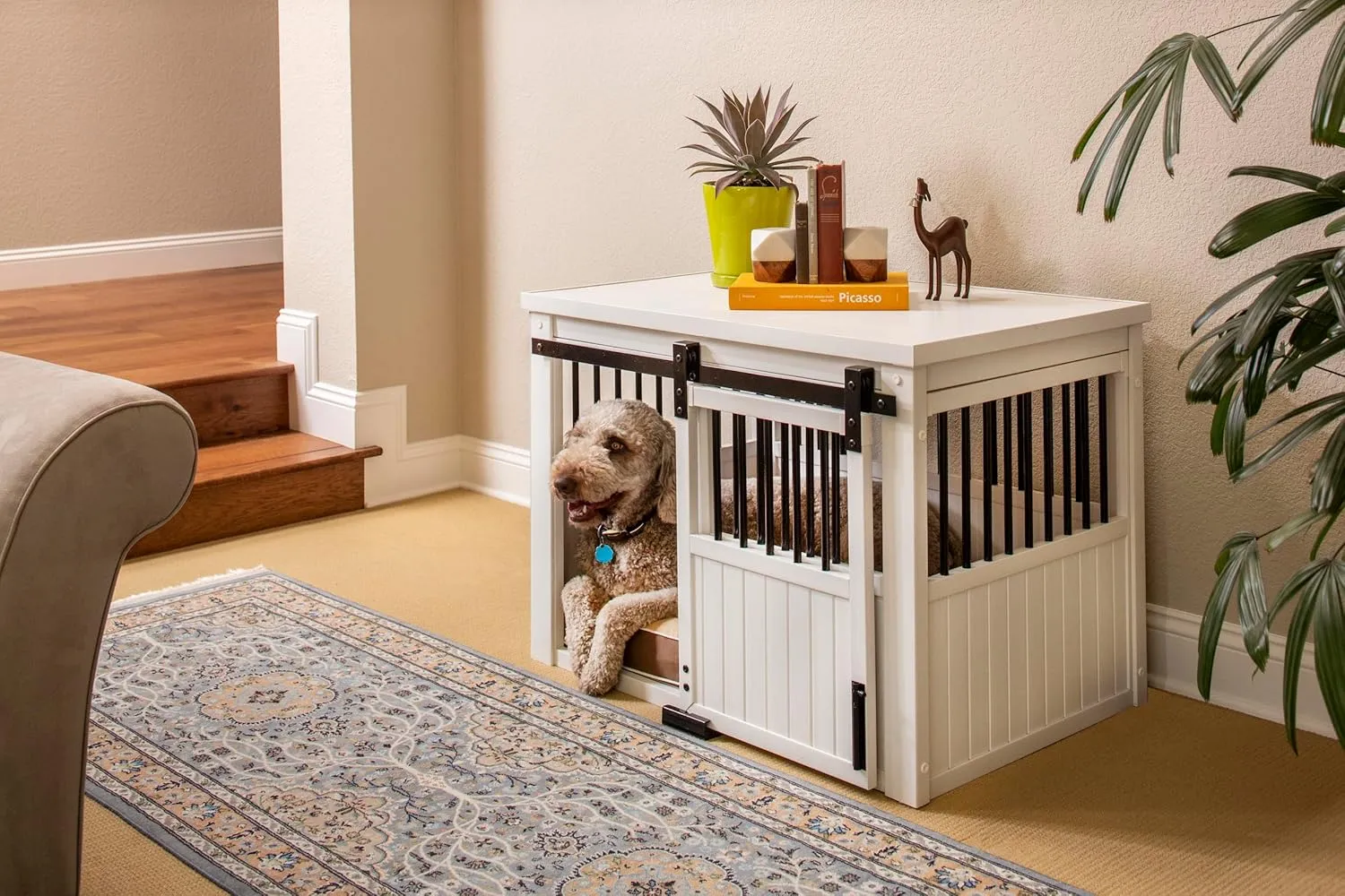 New Age Pet ECOFLEX Homestead Sliding Barn Door Furniture Style Dog Crate - Antique White, Large (EHDBC15-04L) - Stylish, Durable, Removable Cushions, Easy to Assemble.