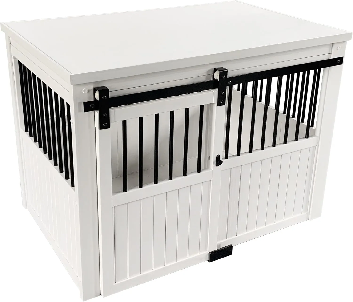 New Age Pet ECOFLEX Homestead Sliding Barn Door Furniture Style Dog Crate - Antique White, Large (EHDBC15-04L) - Stylish, Durable, Removable Cushions, Easy to Assemble.