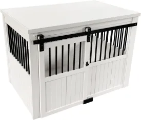 New Age Pet ECOFLEX Homestead Sliding Barn Door Furniture Style Dog Crate - Antique White, Large (EHDBC15-04L) - Stylish, Durable, Removable Cushions, Easy to Assemble.