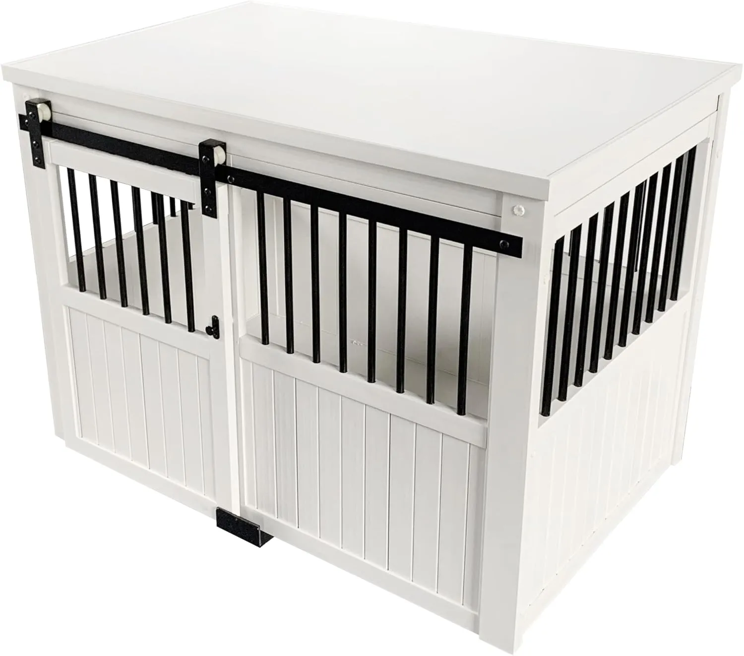 New Age Pet ECOFLEX Homestead Sliding Barn Door Furniture Style Dog Crate - Antique White, Large (EHDBC15-04L) - Stylish, Durable, Removable Cushions, Easy to Assemble.